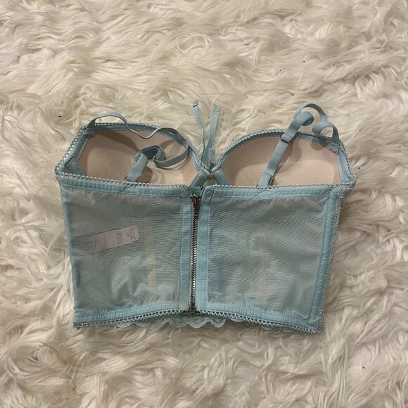 Victoria's Secret Corset Bra Top Mint Blue Green Eyelet Lace Up 32B Push Up - Picture 2 of 3